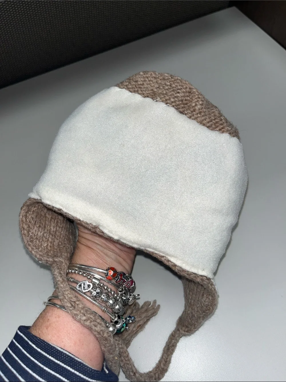 Source Unknown adult Brown and White Knit Puma / Cougar Earflap winter Hat